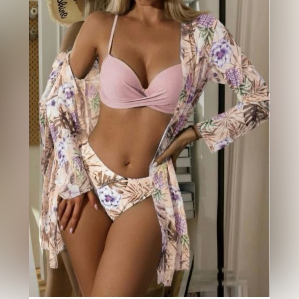 ChicMe 3-piece pink floral print bikini set size XL